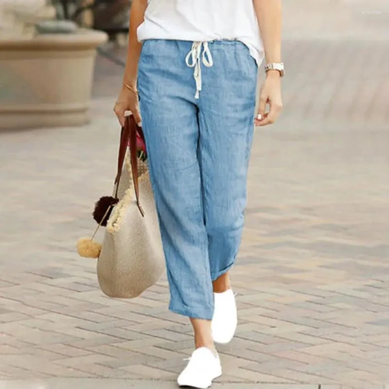 Active Pants Beige Solid Casual Basic High Waist Linen Wide Leg Loose Women's Korean Fashion Ankle-Length For Women 2024 Spring