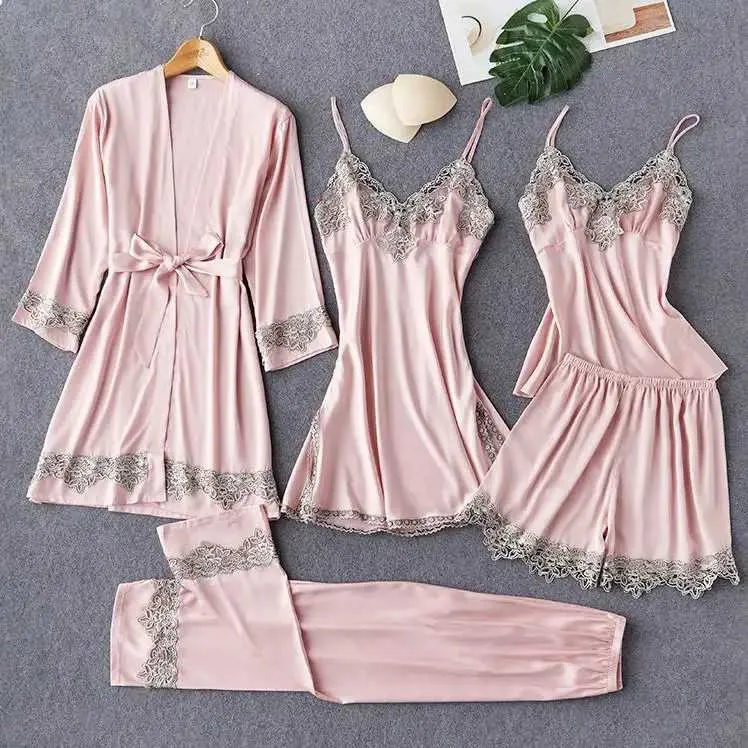 Lre8 sexy pyjamas femmes 5pcs sommeil ensemble kimono peignoir en satin pyjamas costume silkywear dentelle