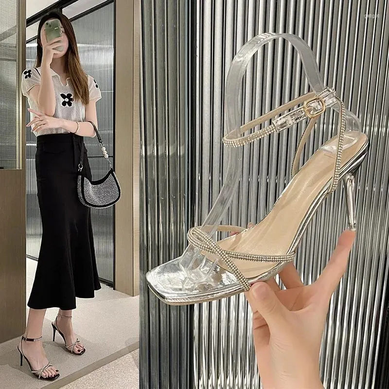 Dress Shoes Summer Slim High Heel Rhinestone One Line Buckle Square Head Open Toe Style OL Women's Silver Fairy Sandals