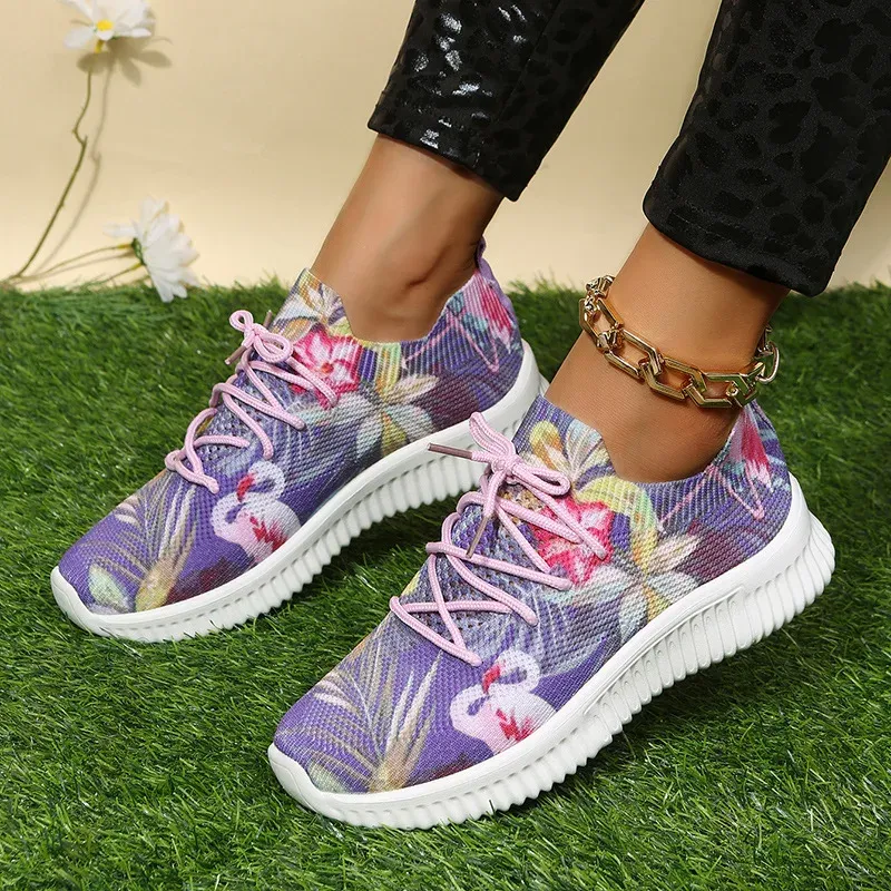 Shoes Fashion Sneakers for Women Flower Print LaceUp Casual Shoes Outdoor Breathable Running Footwear Lady Vulcanized Shoe Plus Size