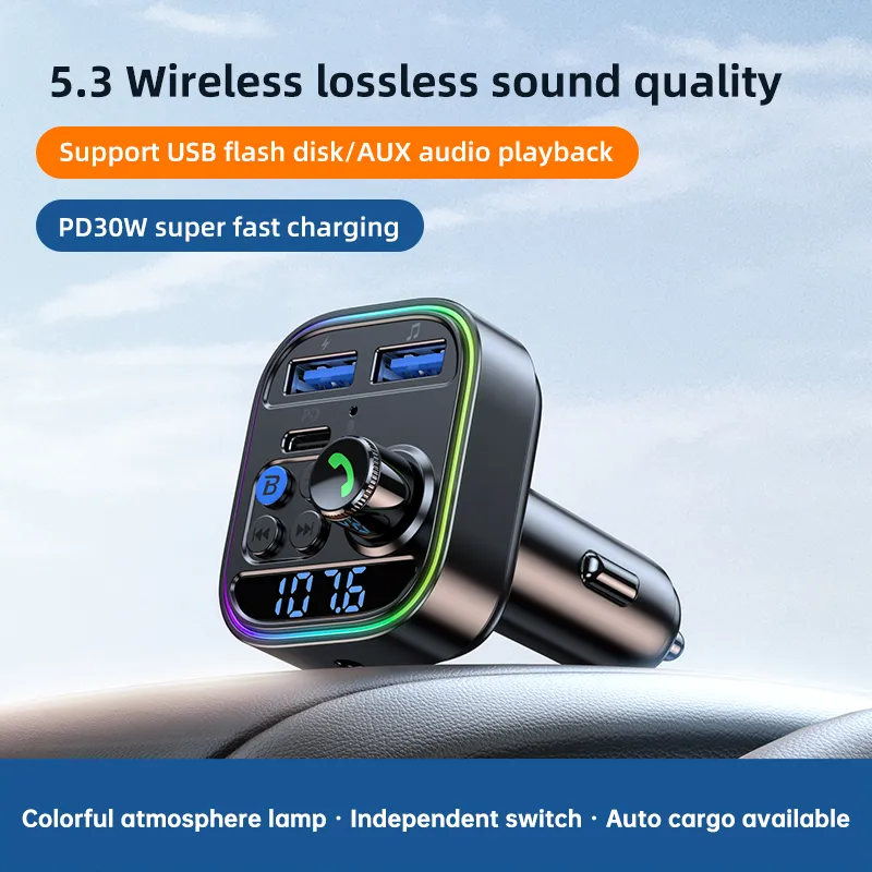 Adattatore per telefono wireless Bluetooth per auto T18 Trasmettitore FM Bluetooth 5.3 Chiamata in vivavoce Ricevitore radio AUX Lettore MP3 Tipo-C USB PD Caricatore per auto veloce