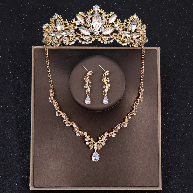 Coiffes feuille d'or couronne de mariée trois pièces ensemble rose strass couronne collier ensemble banquet fête dames couronne boucles d'oreilles collier ensemble