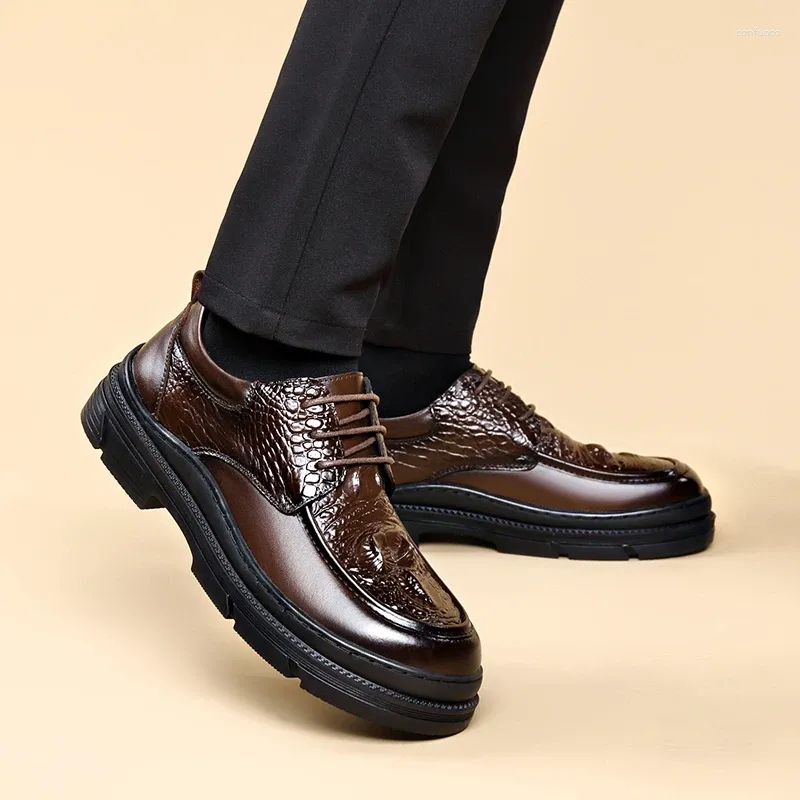 Casual Shoes Spring Genuine Leather Men Lace Up Crocodile Texture Oxfords Gentleman's Stylish Thick Soled Office Business