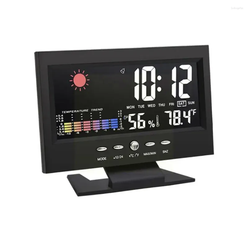 Orologi da tavolo Orologio digitale intelligente Stazione meteorologica Display Allarme Temperatura Umidità Funzione Calendario Misuratore Termometro wireless V4Q2