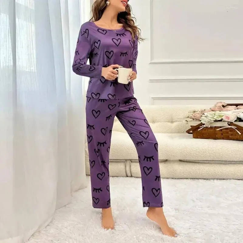 Ev Giyim Kalp Baskı Pijama Seti Uzun Kollu Üst Elastik Bel ile Kadınlar Bahar Pijamaları Konfor için Yumuşak