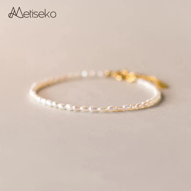 Metiseko Mini Rice Pearl Natural Freshwater Pearl Armband 925 Sterling Silver Plated 14k Gold Armband Sweet Elegant For Women 240319