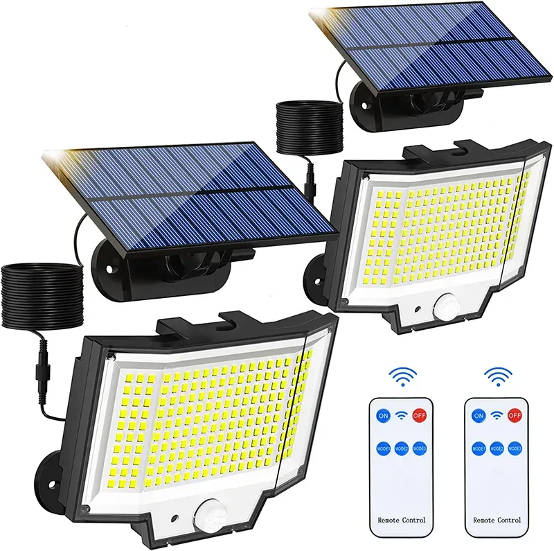 Luzes de parede solares 200led painel separado ao ar livre luzes de segurança de inundação movidas a energia solar com controle remoto ip65 à prova dip65 água luzes de rua ll