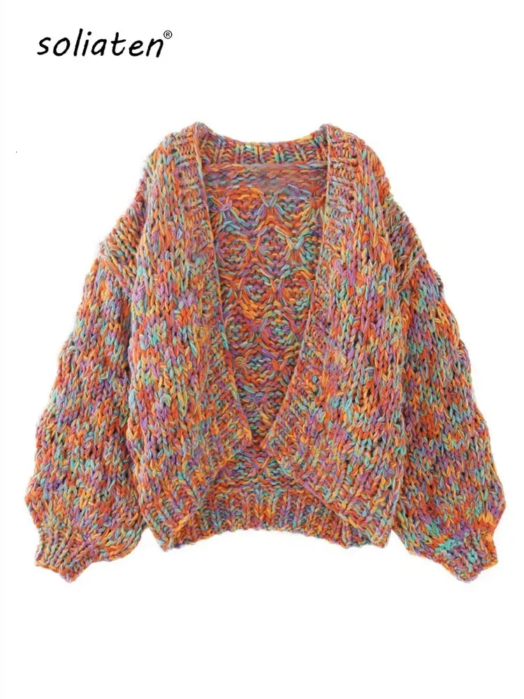 Cardigan en tricot de laine grossière col rond pull arc-en-ciel multicolore pour femmes aiguille faite à la main de haute qualité C-197 240320