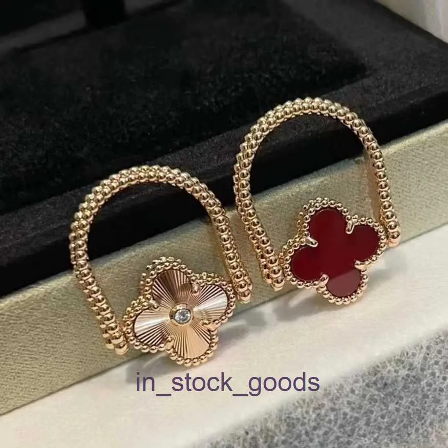 حلقات مصممة عالية الجودة للسيدات Vancleff Vgold High Version Double -Side CNC Precision منحوتة عالية الجودة Red Jade Marrow Four Leaf Fashion Original