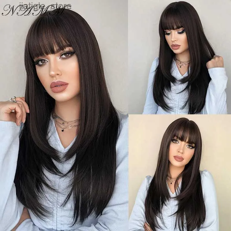 Synthetic Wigs NAMM Natural Black Flaxen Pink Light Brown Color Synthetic Long Straight Wigs for Women Cosplay Heat Resistant Wig with Bangs Y240401