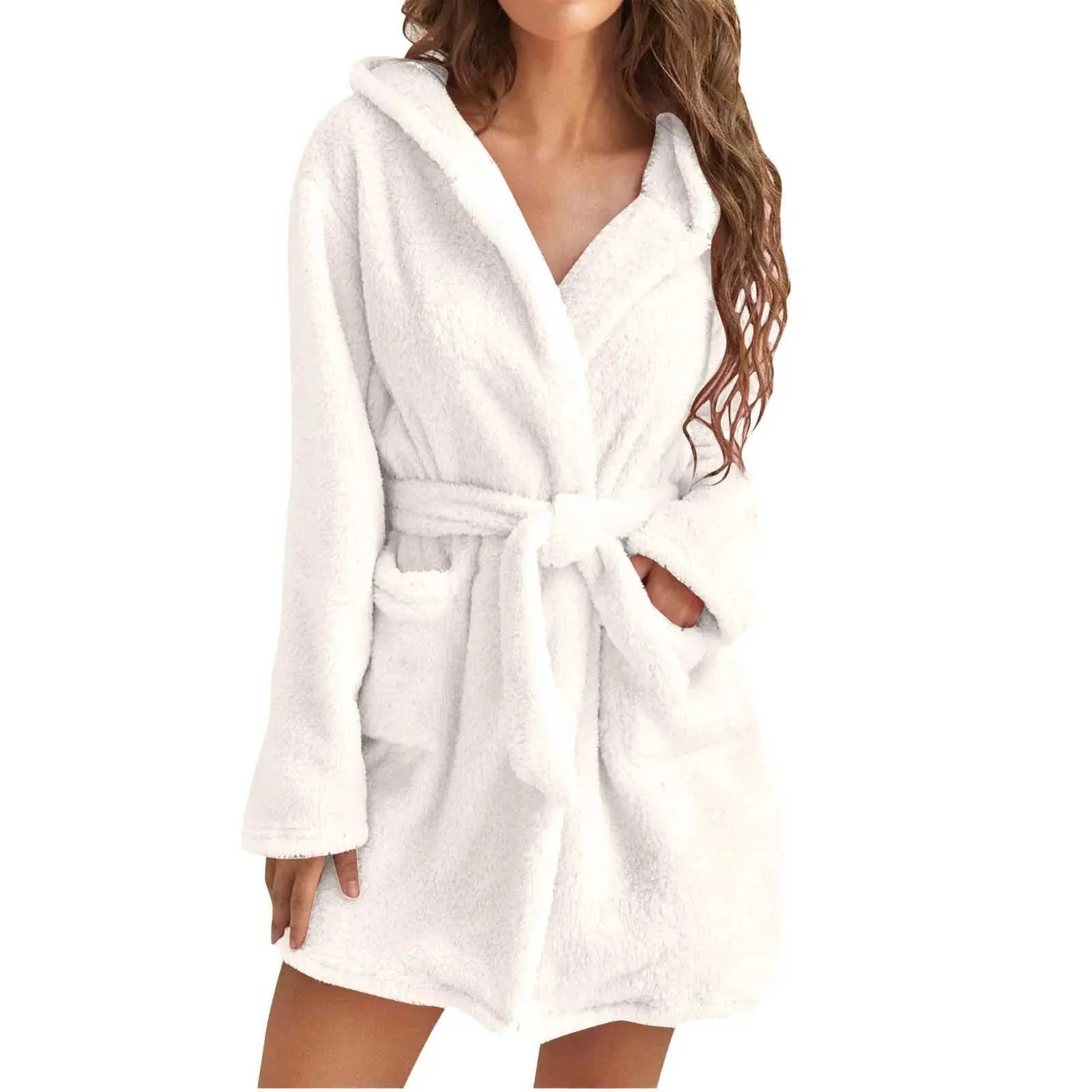 ZASJ Sexy Pyjamas Women Bath Robe Winter Fluffy Plush Pyjamas Ladies Sexy Hooded Dressing Solid Color Gown Warm Bathrobe Female Home Clothing 2404101