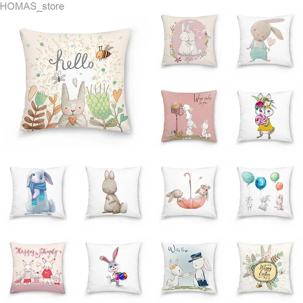 Pillow Case Ostern dekorative Kissenbezüge Hülle Kaninchen Hasen gedruckter Polyesterwurf für Home Sofa Hülle Y240407