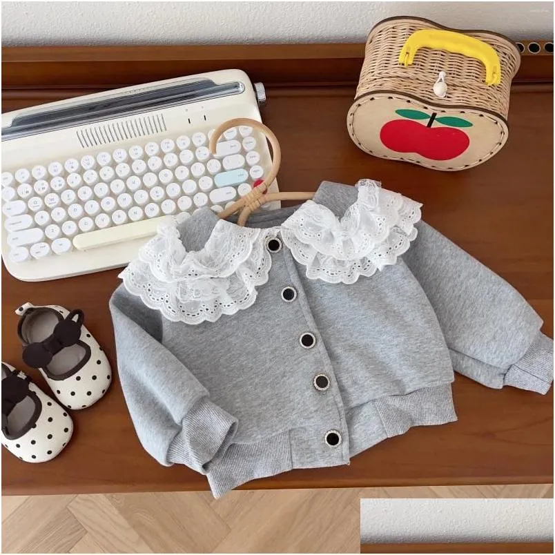 Jackets Korean Kids Clothes Girls Coat Autumn Lace Collar Baby Girl Cardigan Solid Simple Toddler Cotton Jacket Childrens Outerwear Dr Dhjbw