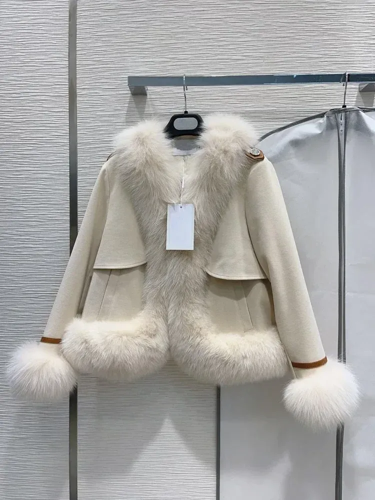 Veste d'hiver pour femme veste 30% cachemire 70% laine chaleur luxe mode fourrure de renard argenté 90% duvet d'oie blanche veste d'hiver pour femme