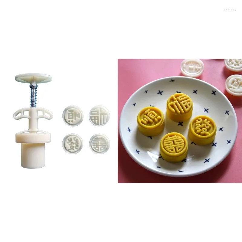 Bakningsverktyg H7ea Midautumn Festival Mooncake Maker Round Character Molds Cookie Stamps DIY Hand Press Dessert Cutter