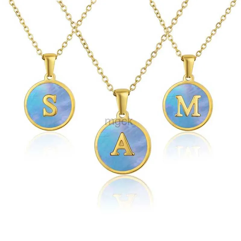 Pendant Necklaces MHS.SUN Fashion Blue Shell Alphabet Pendant Necklace Stainless Steel Initial Letter Charm Chain Choker For Women Men Jewelry 240330