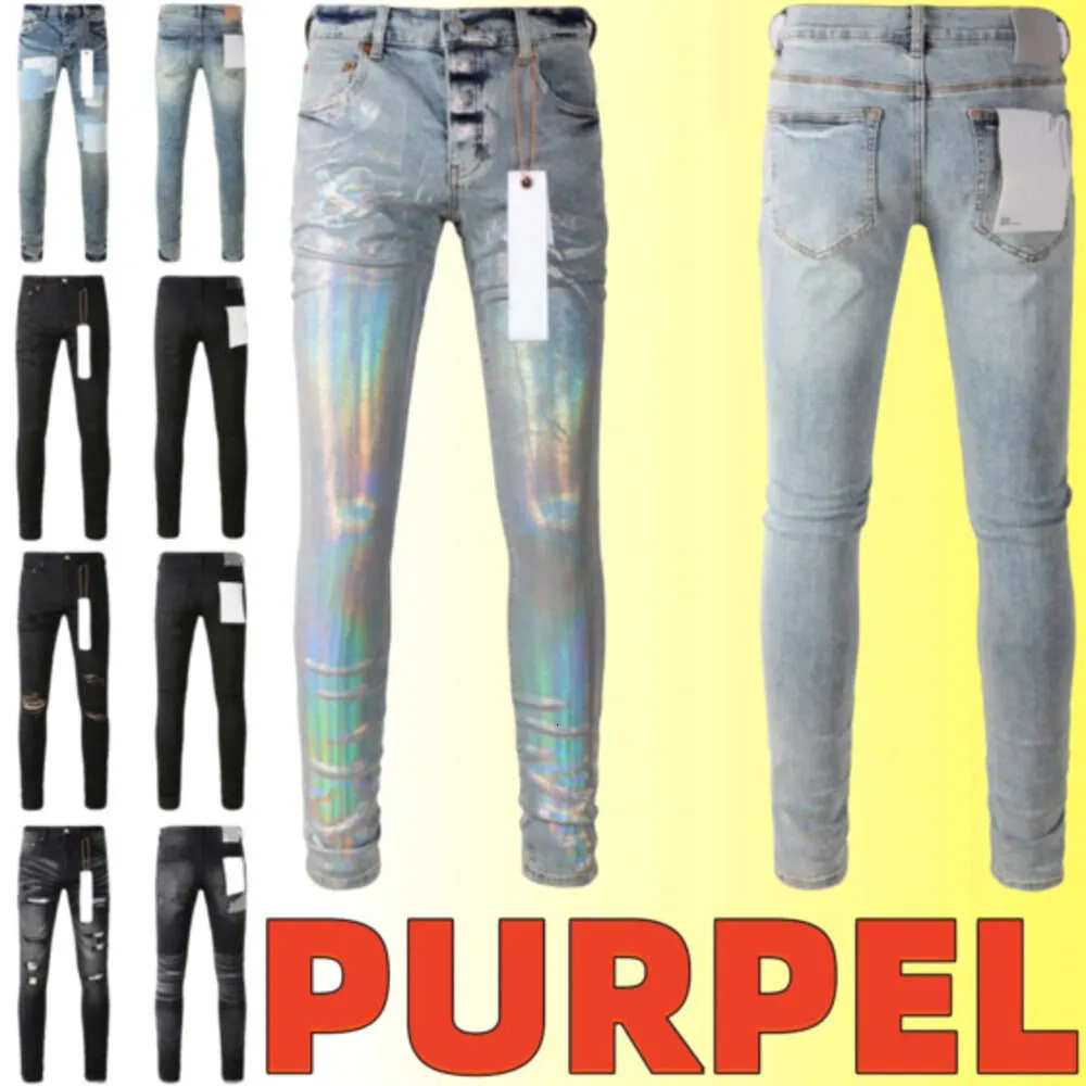 2024 Purple Designer Mens Jeans Men Knee Skinny Size 28-40 Motorcykel Trendy Long Straight Hole High Street Denim JKI668