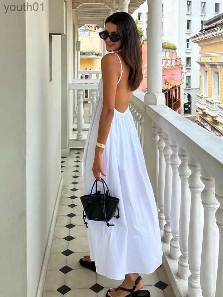 Temel gündelik elbiseler seksi sırtsız midi elbise kolsuz v boyun 2023 moda yaz kadını nedensel gevşek plaj tatil beyaz uzun yq240402