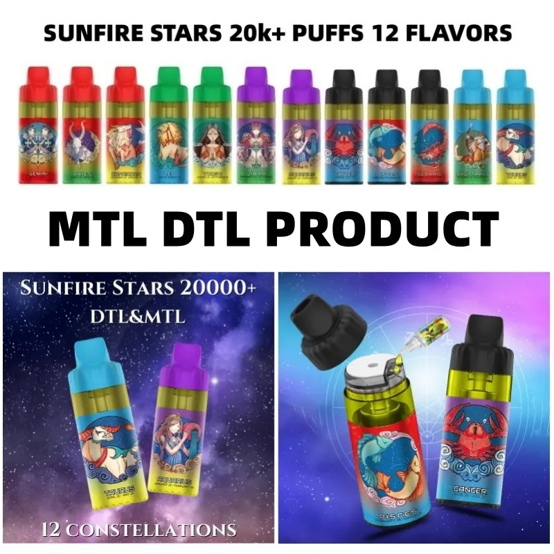 Factory Groothandel Prijs Sunfire 20000 Puffs Wegwerp Open Systeem Navulbare kern Gescheiden VAPE PENAH -APPARATIE PUF 15K 20K 30K met RGB -zaklamp MTL DTL -vapen