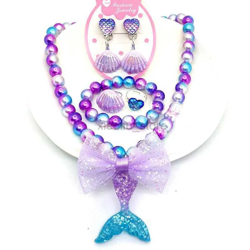 Pendant Necklaces Baby Girls Beads Necklace Set Fashion Mermaid Tail Pendant Child Kids Adjustable Lovely Necklace Charm Chunky Jewelry For Gift 240401