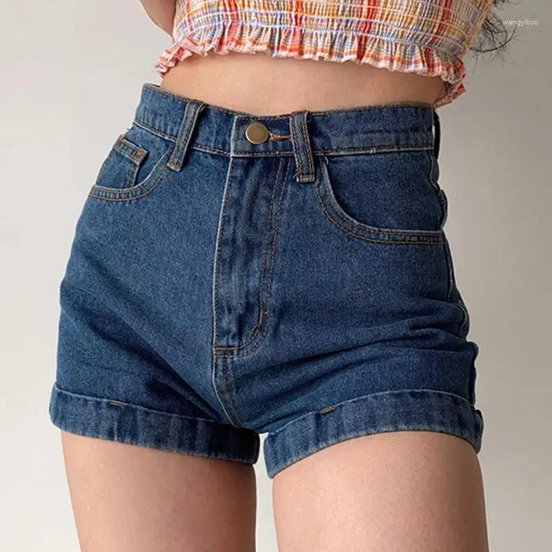 Kadınlar Kot pantolon Sıkışma Denim Şortları Kadınlar İçin Yaz Mavi Retro Kıvrım