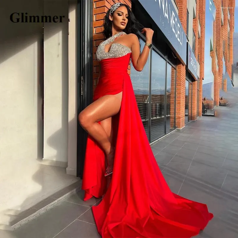 Runway Dresses Glimmer Stylish Beadings Celebrity Mermaid One-Shoulder Satin High Slit Pleat Vestido De Formatura Made To Order