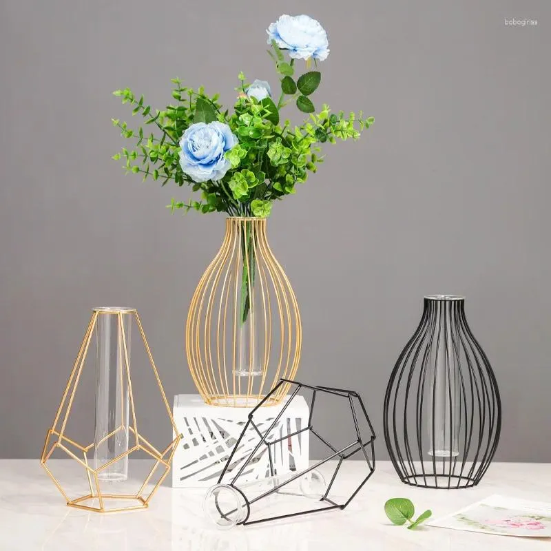 Vase Nordic Minimalist Wrought Iron Geometric Glass Tube Hydroponic Vase Home Desktop Decoration Flower Oraments