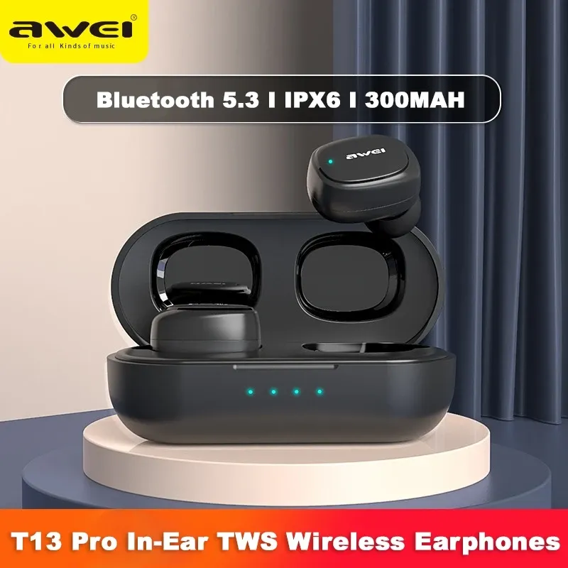 Écouteurs AWEI T13 Pro Bluetooth 5.3 Écouteur Bluetooth sans fil Casquet TWS Eleuts avec Mic HiFi Bass STEREO GAMING CASHPHONES