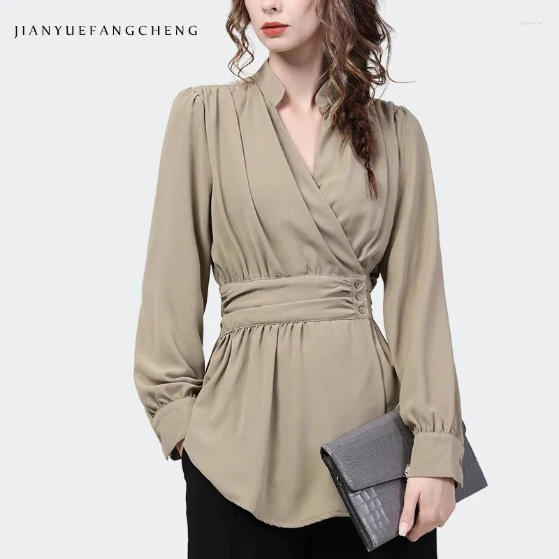 Kvinnors blusar Kvinnors långärmad V-ringning Khaki Tunic Shirt Elegant Slim Crossed Button-Down Topps 2024 Autumn Casual Working Ladies