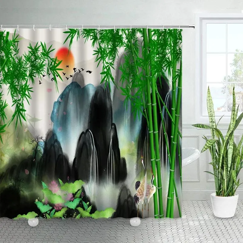 Duschvorhänge grüne Bambus Tinte Landschaft natürliche Blumen Vogel Asian Asian Chinesische Art Stoff Bath Vorhang Haken Badezimmerdekoration