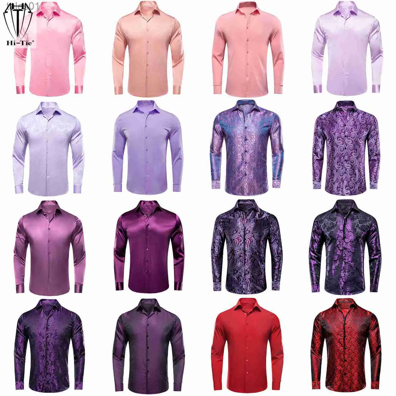 Hommes Plus Tees Polos Hi-Tie Saumon Rose Lilas Soie Satin Chemises Pour Hommes Col À Revers Solide À Manches Longues Robe Chemise Chemisier Doux Pour Homme D'affaires De Mariage yq240401