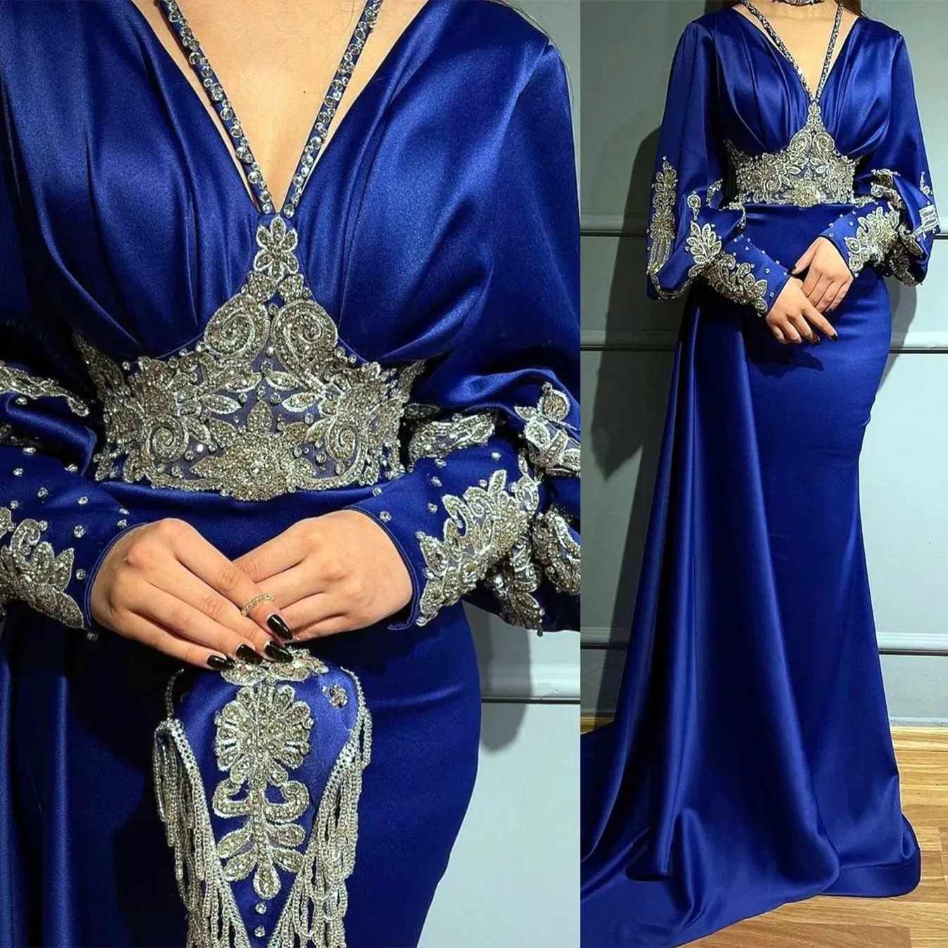 Moslim Dubai Saoedi-Arabië Lange Abaya Galajurken Koningsblauw Elegant Satijn Steentjes Applique Dames Speciale Gelegenheden Feestjurken Lange Mouwen Vestedes CL3441