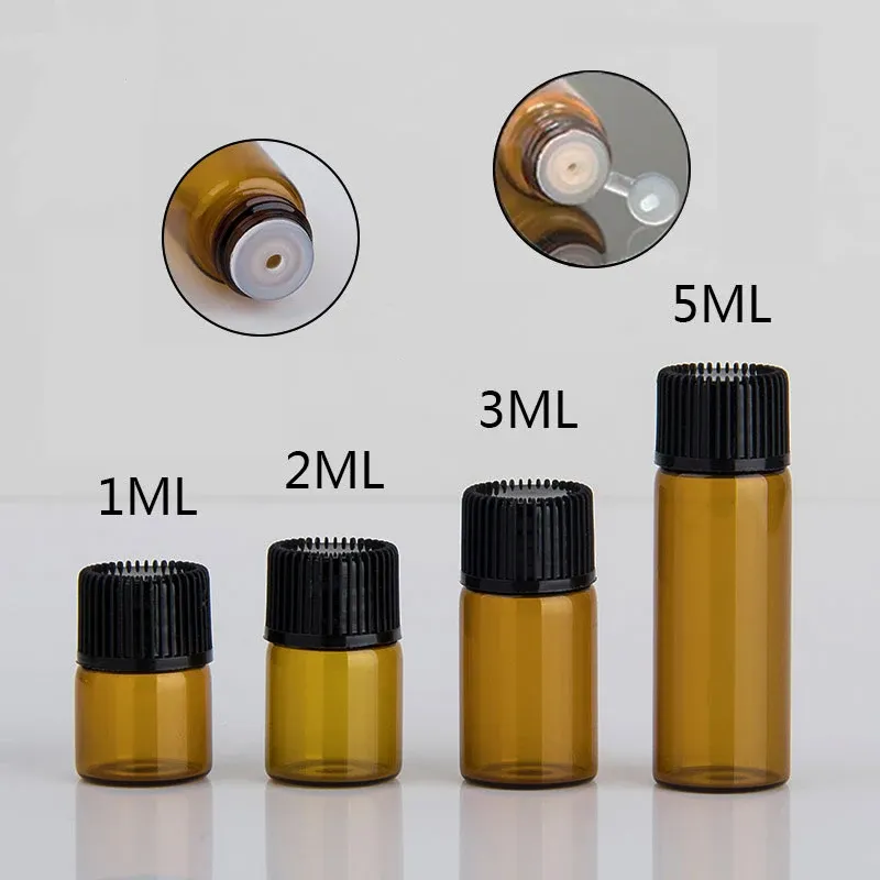 Şişe 100pcs 1ml/2ml/3ml/5ml boş dram amber cam esansiyel yağ şişesi ince cam küçük amber parfüm yağ şişeleri örnek test şişesi