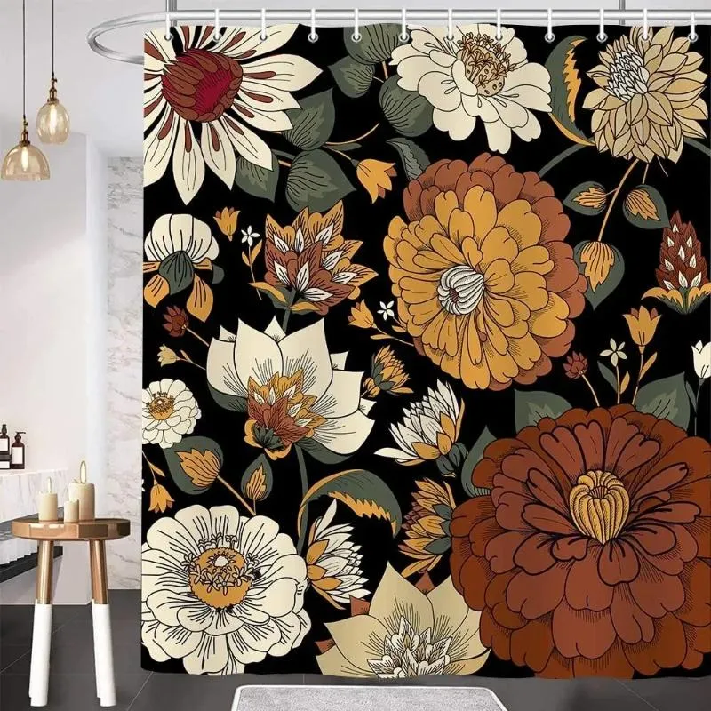 Rideaux de douche Bohemian Floral Plante moderne Accessoires de salle de bain imperméable de style tropical avec crochets avec crochets