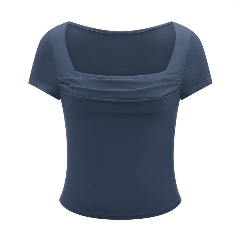 Women's T Shirts 2024 Summer Ruched Croped Tops Solid Color Short Sleeve Square Neck Slim Show Navel T-shirt