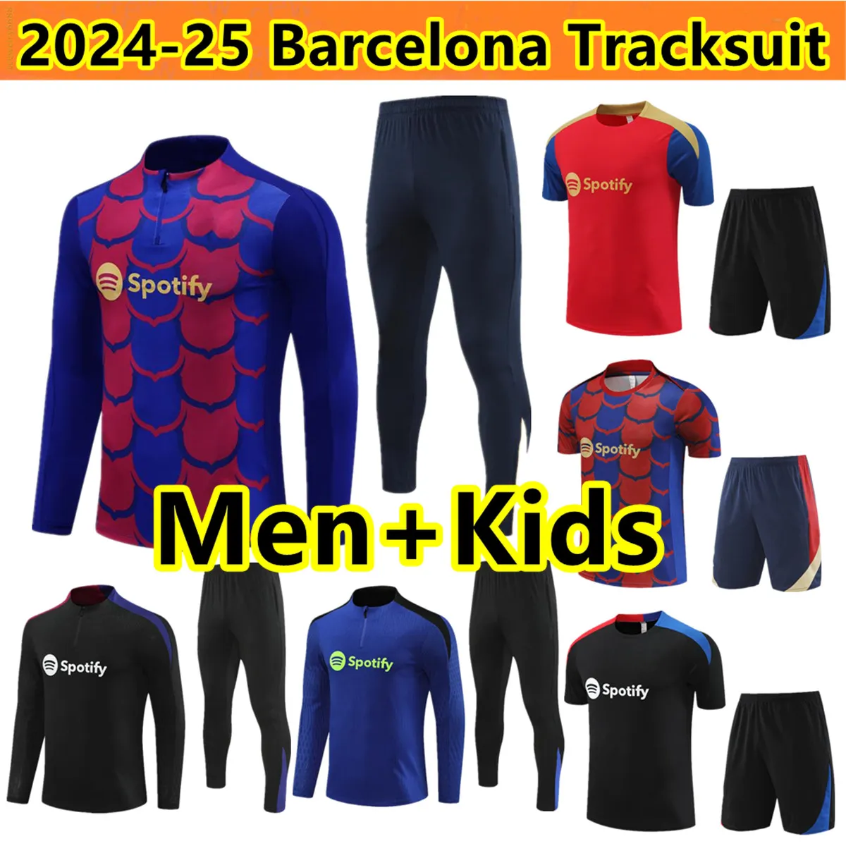 Yeni 2024 2025 Barcelona Trailsuit Camisetas de Soccer Jersey Eğitim Takımı Ferran Pedri 24/25 Yarım Zip Erkekler ve Çocuk Seti Barca Futbol Takip Kıyafet Kazak Üniforma