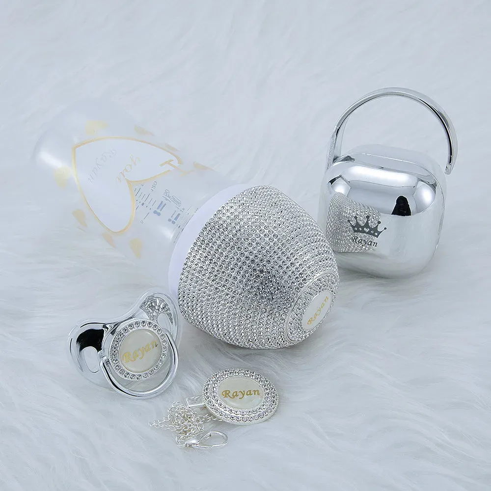 MIYOCAR personalized silver collection bling baby bottle pacifier and pacifier clip pacifier box set BPA free 240401