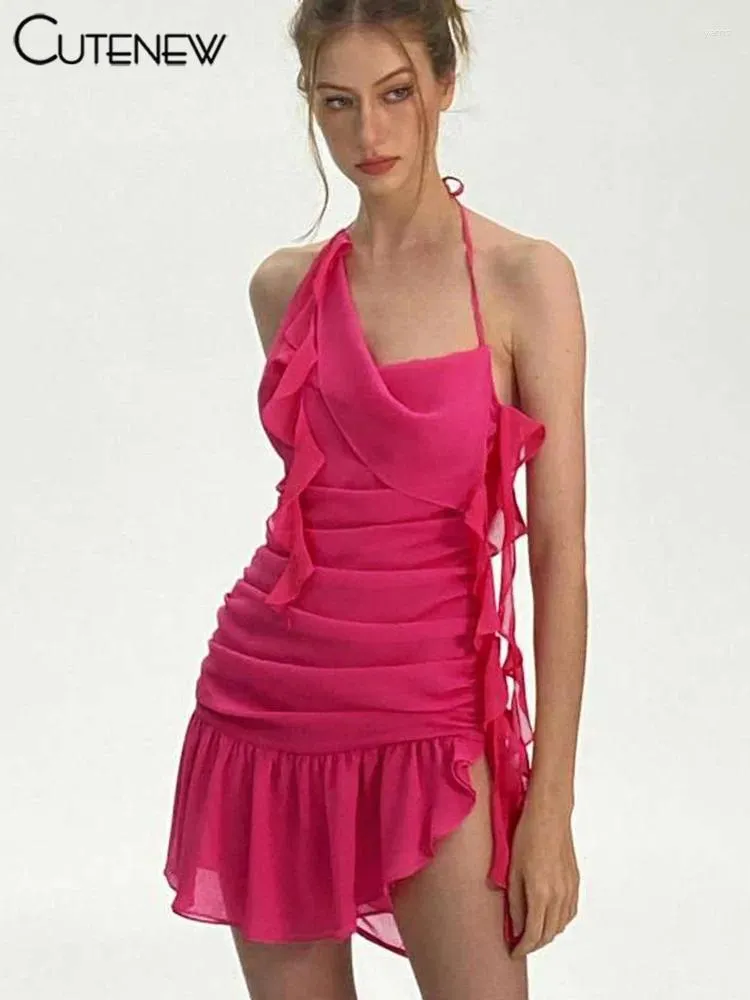 Casual Dresses Cute Women's Spaghetti Straps Lace-Up Mini Dress Sexig rygglös ärmlös Slim A-Line Short Midnight Party Vestidos