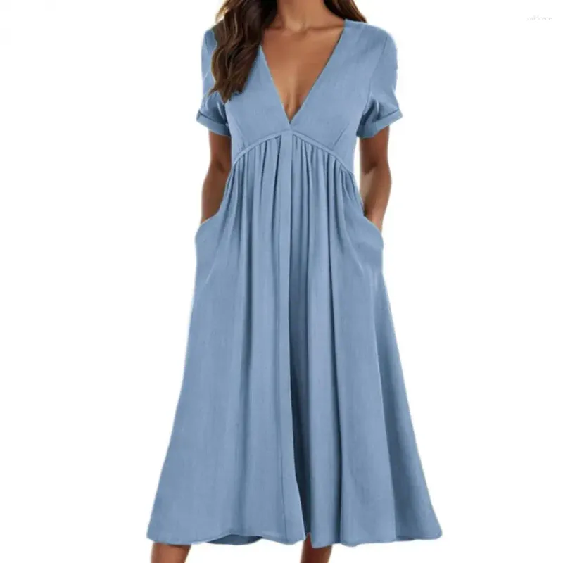 Vestidos de festa casual boho saia elegante decote em v a linha midi vestido com bainha plissada mangas curtas bolsos mulheres verão férias beachwear