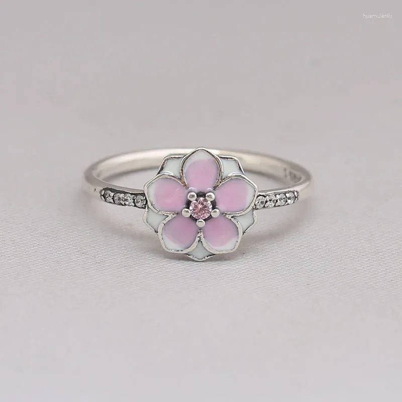 Cluster Rings Genuine 925 Sterling Silver Magnolia Bloom Pink Enamel CZ Ring Compatible With European Jewelry