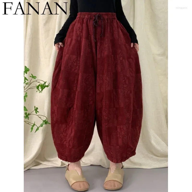 Kvinnors byxor 2024 Spring Autumn Cotton Linen Jacquard Elastic High midja skarvade pumpa Kvinnor Lossa stor storlek Wide Ben Pant LX141