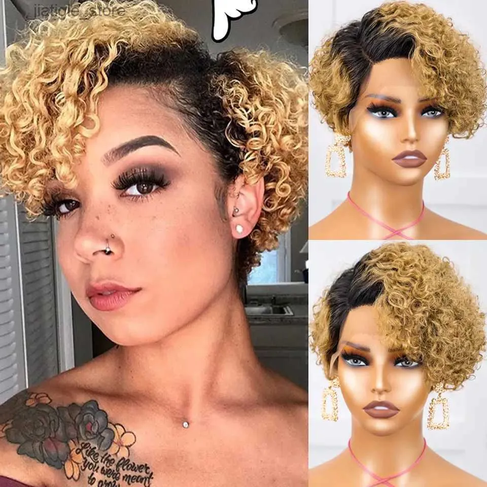 Perruques synthétiques courte Bob Bob Pixie Wig Cut Wig Curly Heubs Wigs for Women 13x1 Lace Front Wig Brazilian Deep Wave Lace Wig Préparent Hirline Y240401