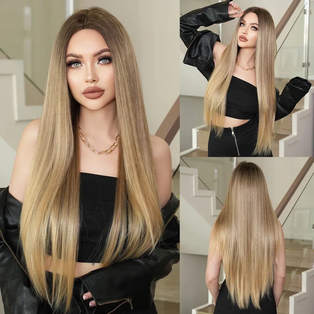 Wigs female super long straight hair Nordic natural gold gradient chemical fiber full head set wholesale Blonde Wig fast delivery