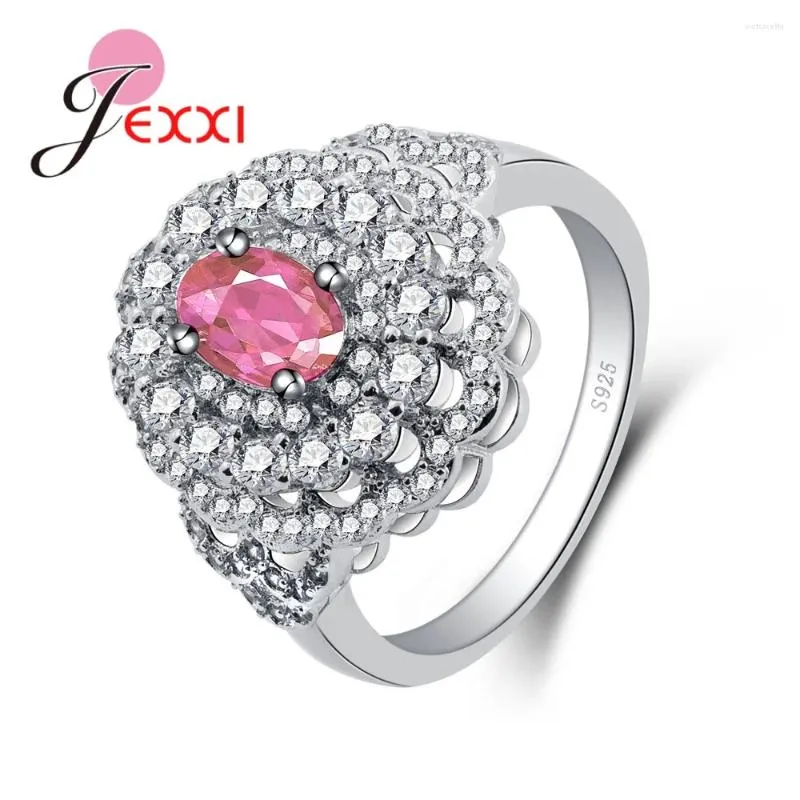 Pierścienie klastrowe przybycie duży kształt kwiatu z różowym owalnym kryształem 925 srebrny pierścień igły srebrny