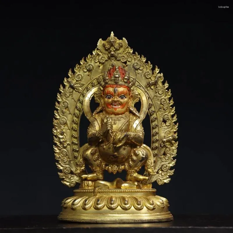 Dekorative Figuren, 25,4 cm, Tibet-Tempel-Sammlung, alte Bronze-Gesichtsbemalung, Zinnober-Mahakala-Buddha, schwarze Jambhala-Anbetungshalle mit Hintergrundbeleuchtung