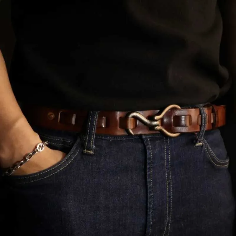 Belts 3.4cm copper buckle hand woven denim hook strap personalized mens pure denim strap successful mens business military strap Q240401