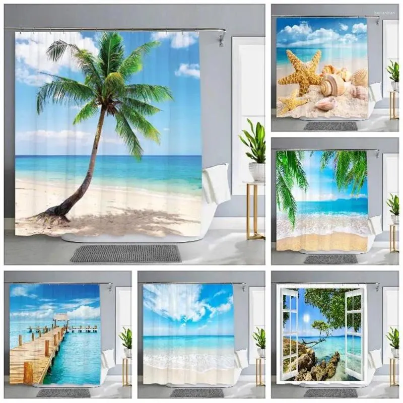 Shower Curtains 1PC Green Tropical Plants For Bathroom Polyester Seaworld Curtain Printing Beach