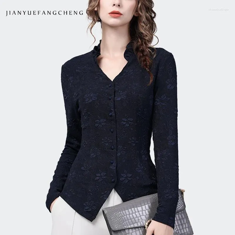 Women's Blouses 2024 Autumn Women Long Sleeve Blue Jacquard Retro Stretching Knitted Shirt Elegant Slim V-Neck Button-Down Lady Tops