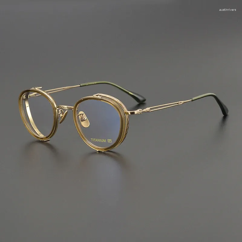 サングラスフレームヴィンテージラウンド光学眼鏡男性女性レトロアセテートチタン酸チタニウム眼鏡フレーム韓国処方スペクタクル