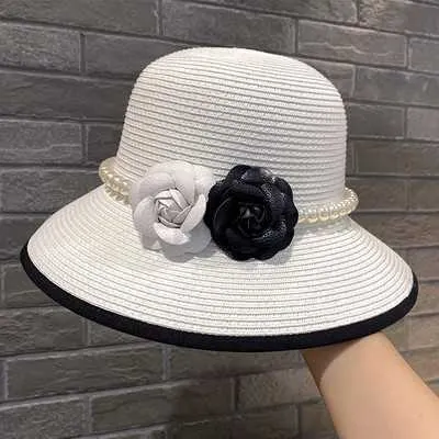 French elegant pearl camellia fisherman hat female Hepburn style sun shading and sun protection basin hat small fragrant grass hat